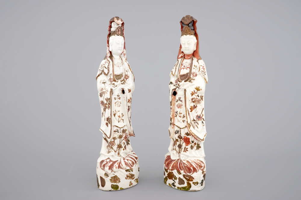 Two tall cold-painted Chinese blanc de Chine figures of a Guanyin,18th C