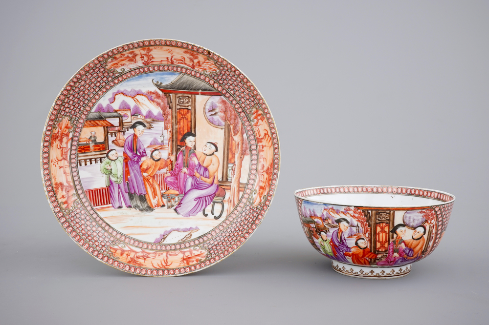 Un bol et une assiette en porcelaine de Chine, d&eacute;cor aux mandarins, 18&egrave;me