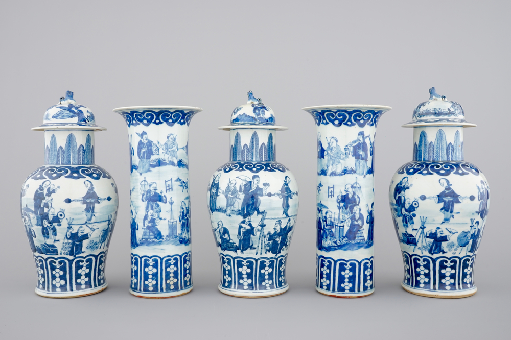 A Chinese bleu de Hue porcelain five piece garniture with acrobats, 19th C