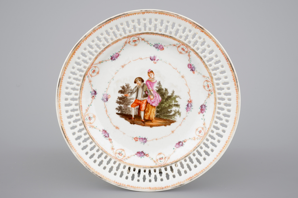 A Chinese pierced European subject Meissen style export porcelain plate, 18th C.