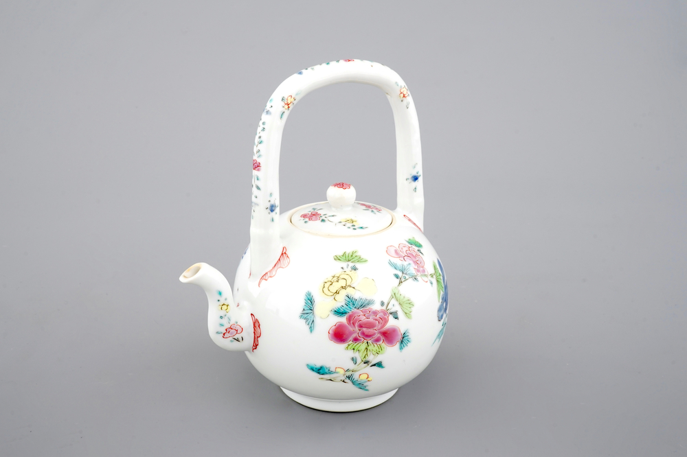 A Chinese famille rose overhead handled teapot, Yongzheng, 1722-1735