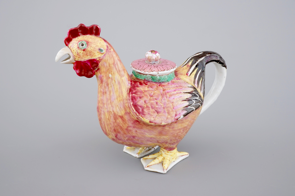 Un pot &agrave; vin en forme de coq en porcelaine de Chine pour l'export, 18&egrave;me