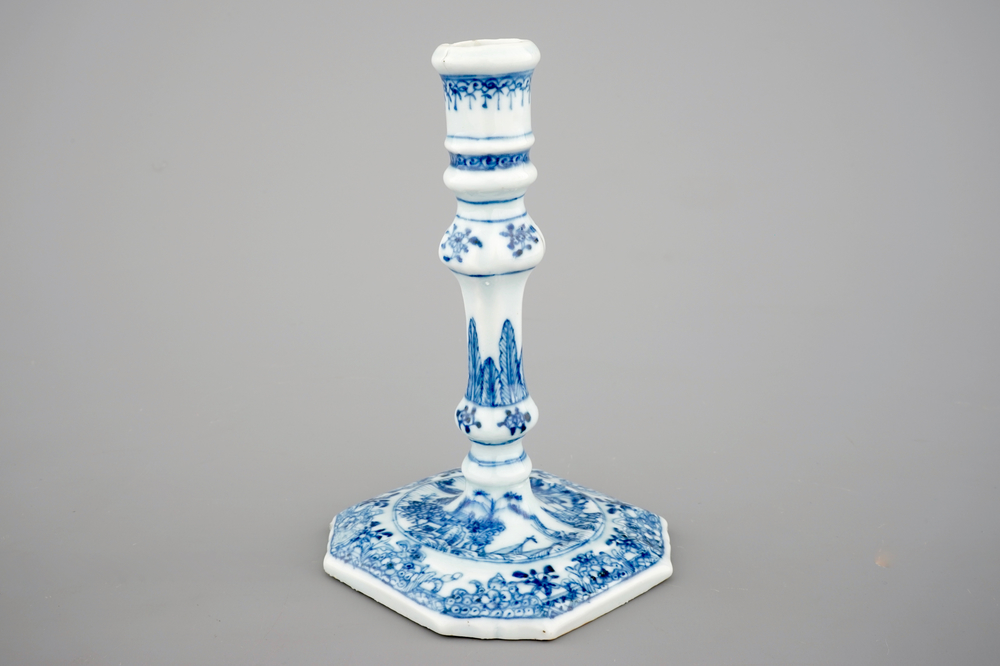A blue and white Chinese porcelain candlestick, Qianlong, 18th C.