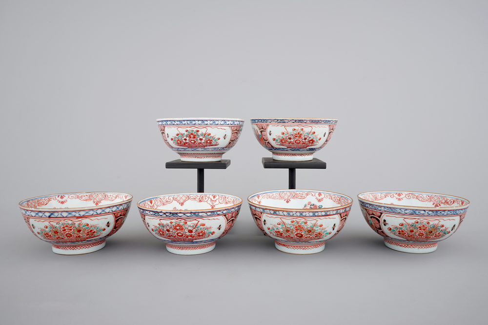 A rare set of six Chinese 'Amsterdam bont' bowls, 18th C.