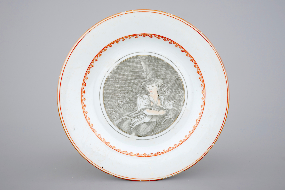 A Chinese grisaille export porcelain "European figures" shepherdess plate, 18th C