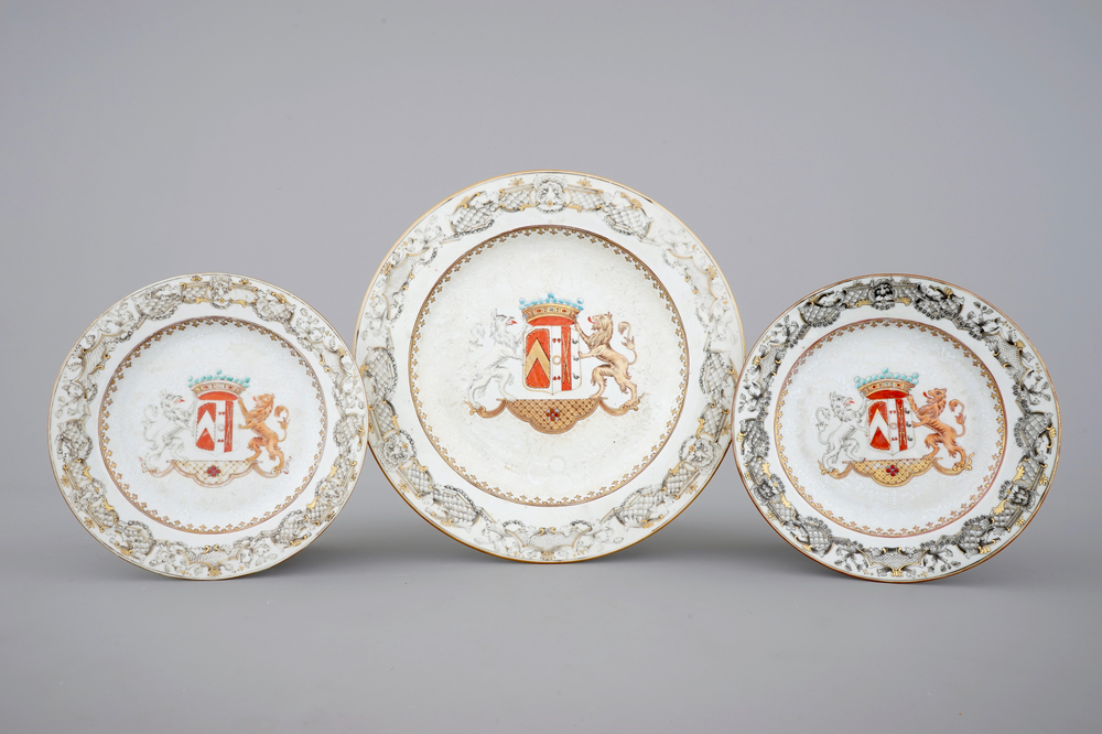 Three Chinese armorial export porcelain bianco sopra bianco and grisaille plates, Qianlong, 18th C.