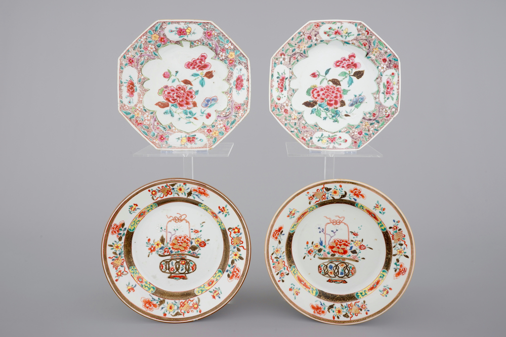 Two pairs of Chinese famille rose porcelain plates, 18th C