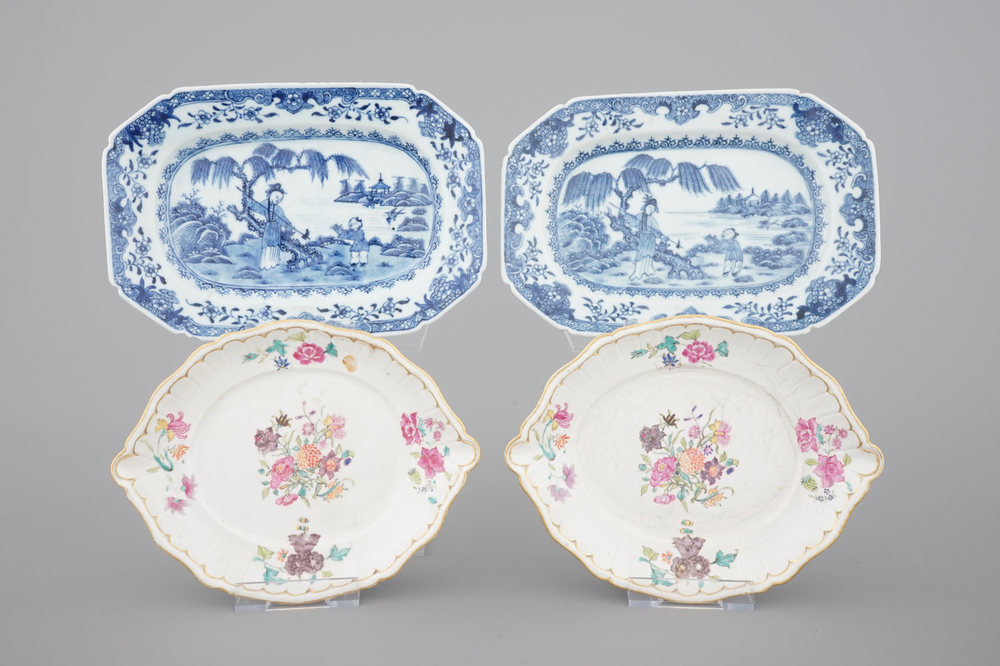 Two pairs of Chinese porcelain serving trays, blue and white and famille rose, 18th C.