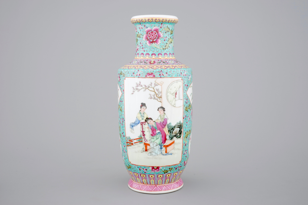 A Chinese famille rose porcelain rouleau vase, 20th C.