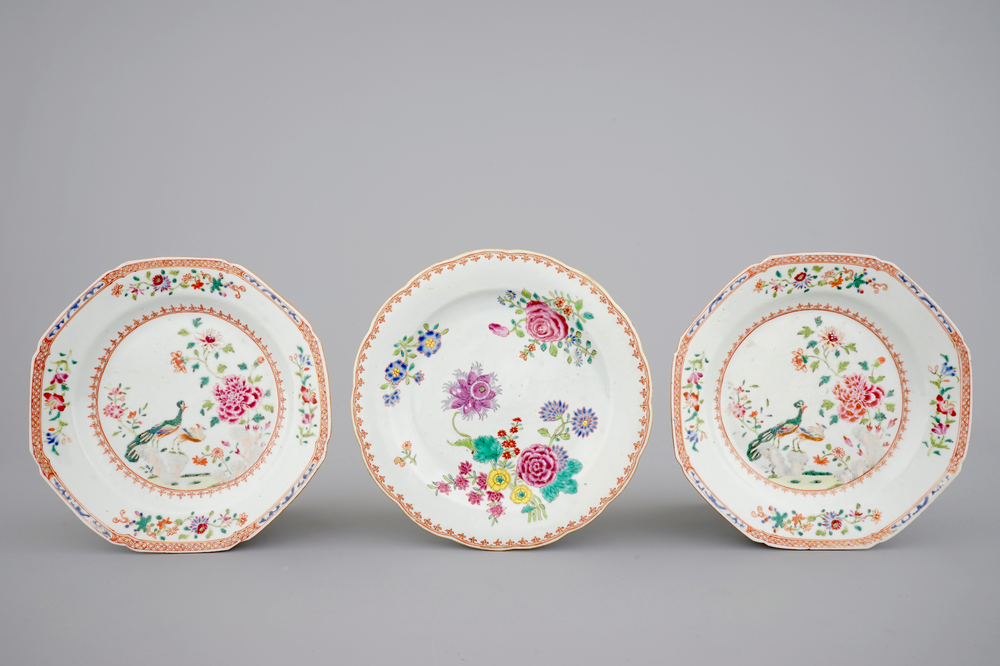 Three Chinese famille rose export porcelain plates, Qianlong, 18th C