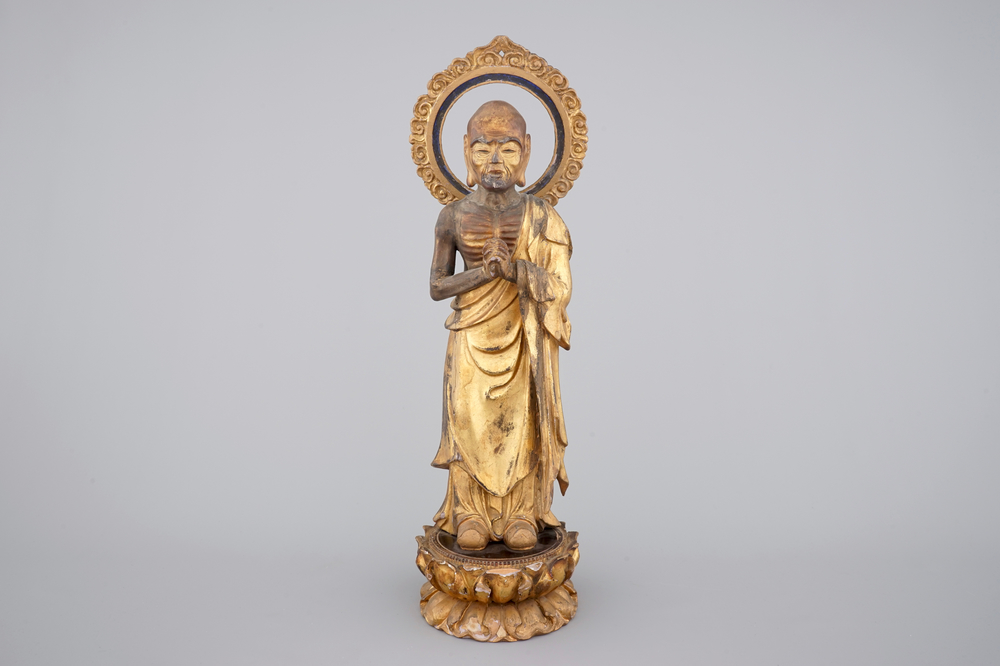 A Japanese gilded wooden Rakan (Arhat) with inlayed eyes, Edo period, 18th C.