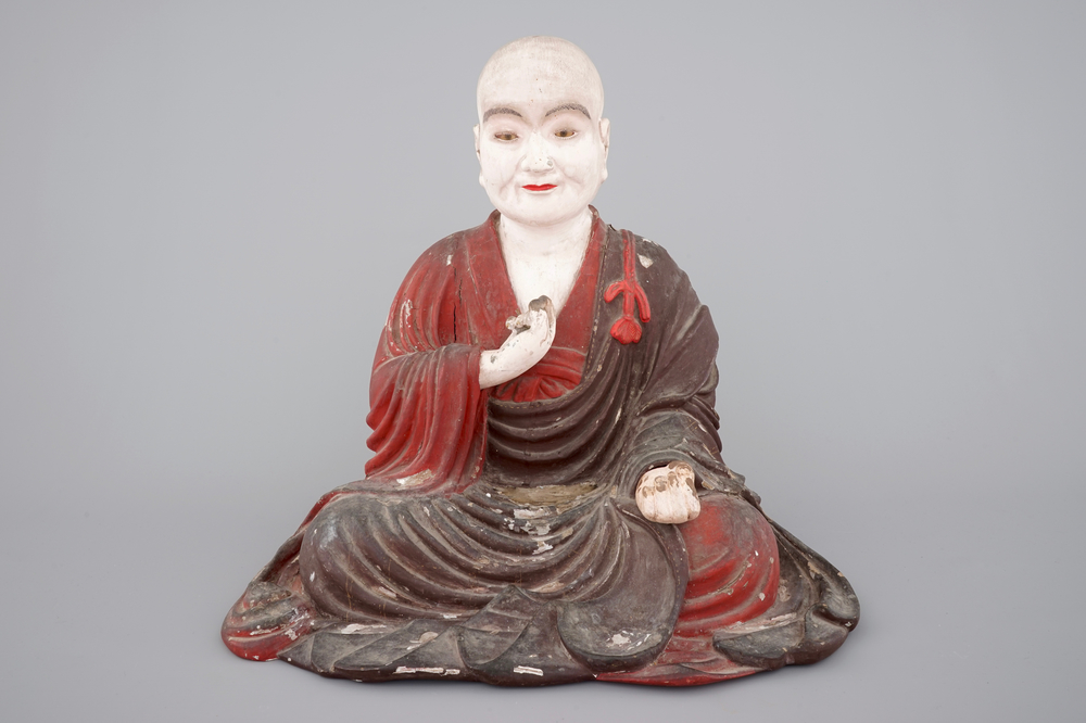A Japanese painted wood figure of Kukai or Kobo Dashi, Edo period, 17/18th C.