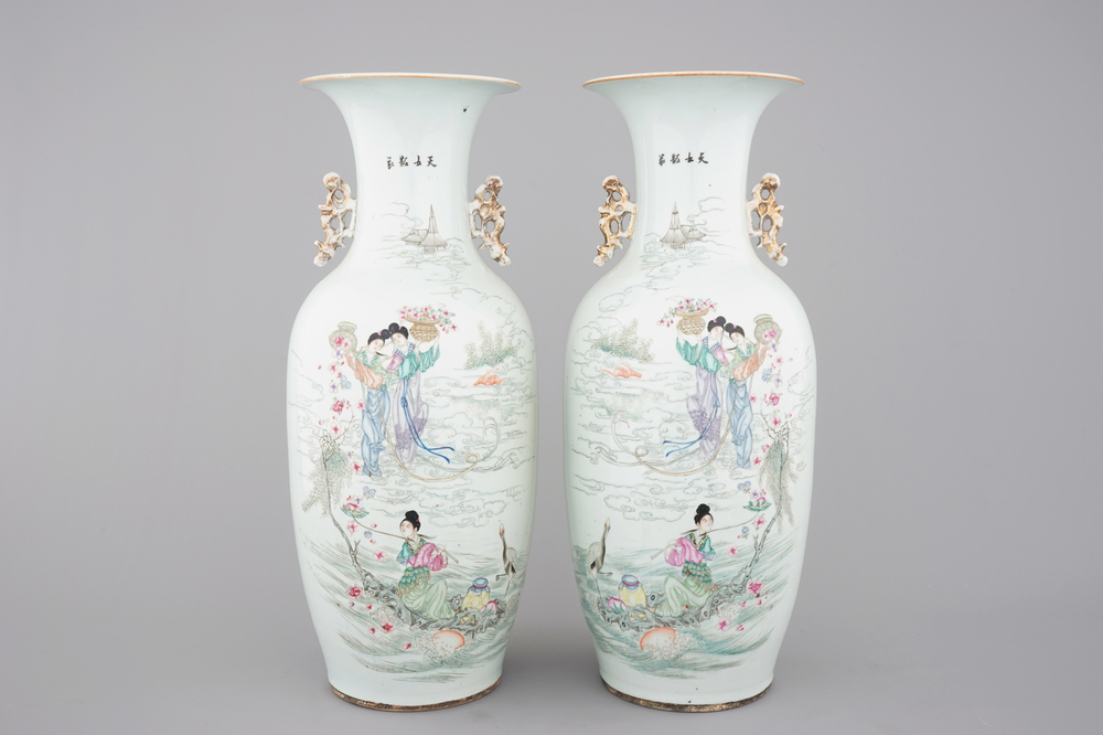 A tall pair of Chinese famille rose "Valentine" vases, 19th C.
