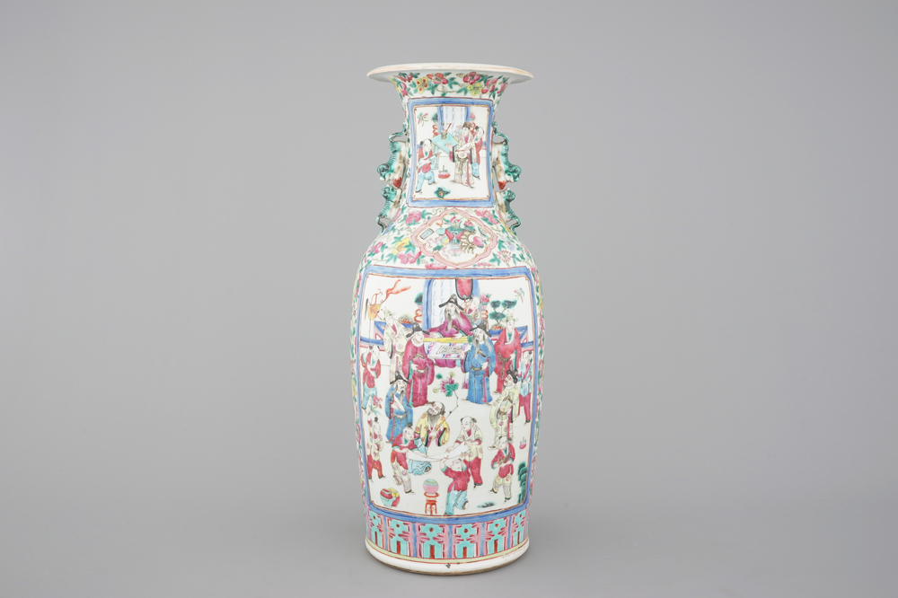 A tall Chinese porcelain famille rose vase with a figural scene, 19th C.