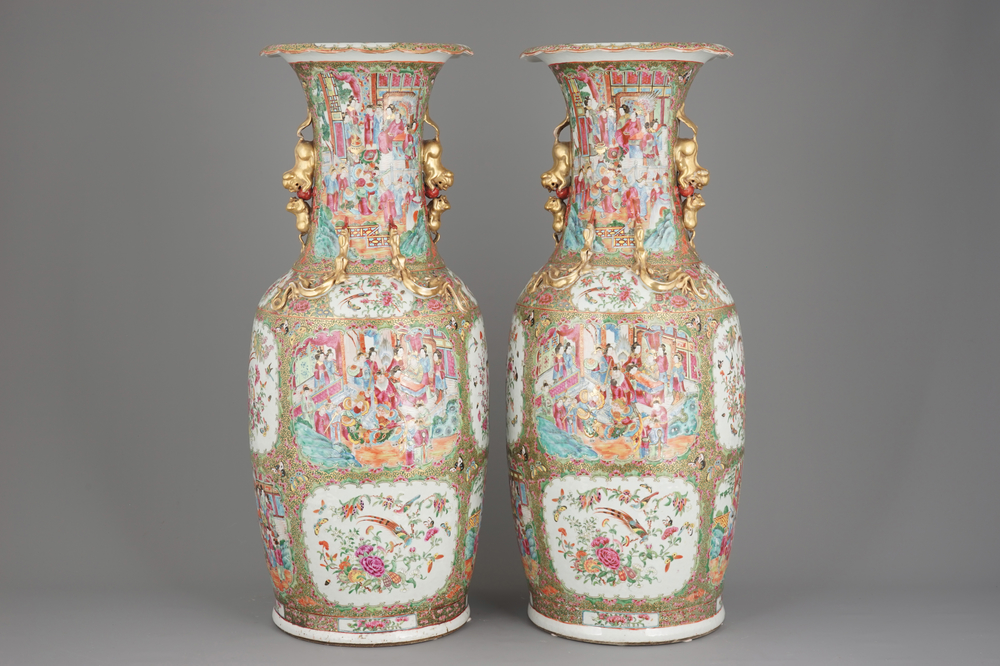 A massive pair of Chinese Canton famille rose floor vases, 19th C.