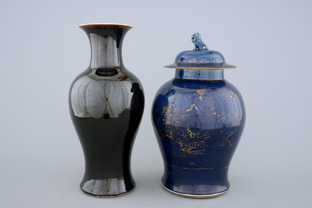 A monochrome Chinese mirror black and a bleu poudre with gilt vase, 18/19th C.
