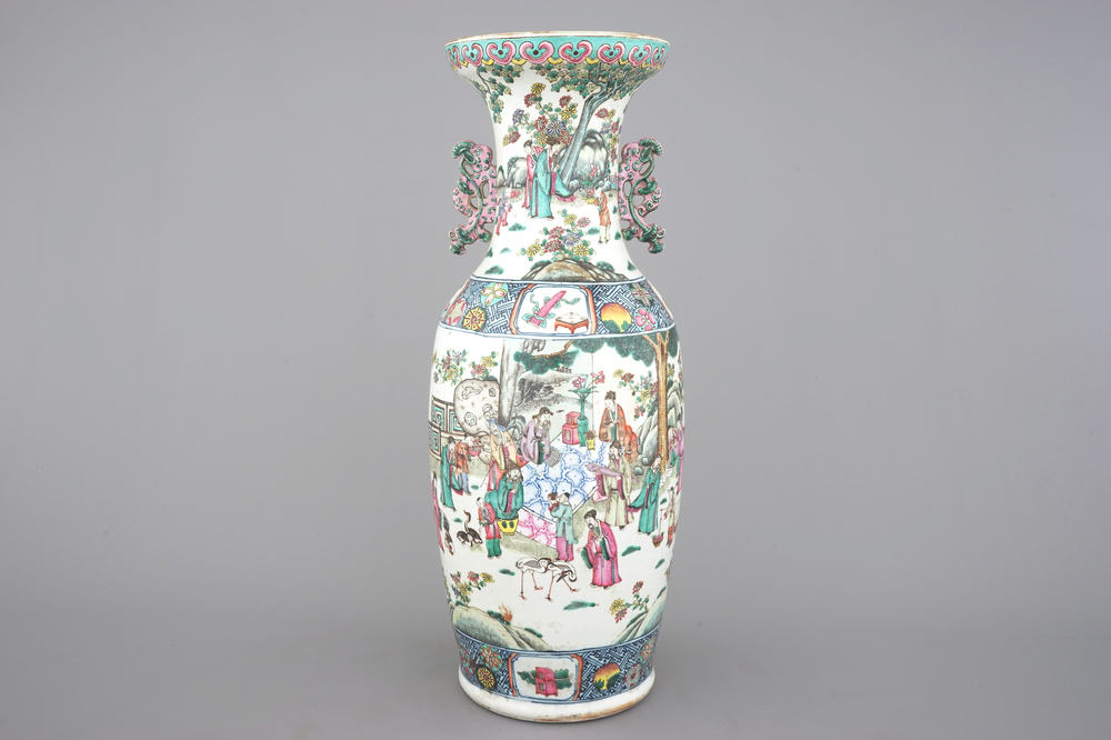 A good Chinese famille rose porcelain vase with a garden scene, 19th C.