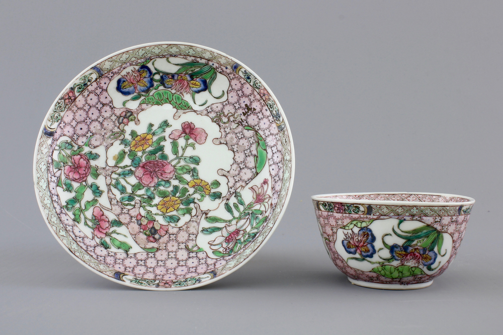 A Chinese famille rose porcelain cup and saucer with narcissus, chrysanthemum and peony, Yongzheng, 1722-1735