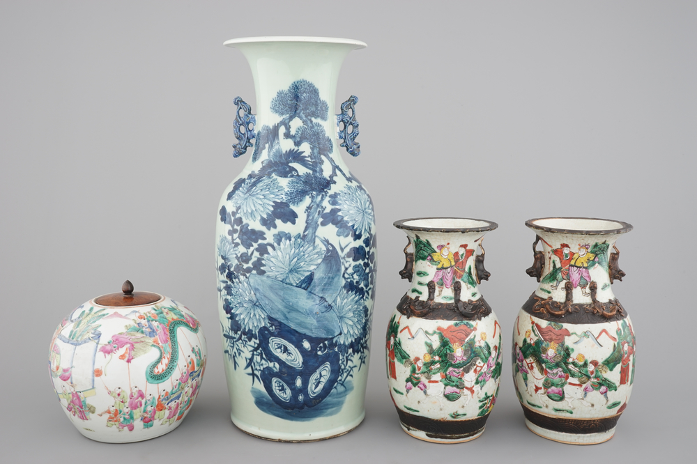 A set of four various Chinese famille rose and other vases, 19th C.