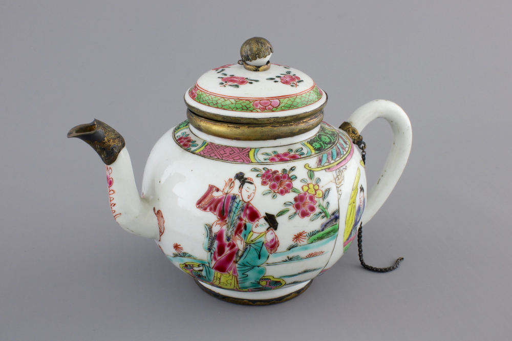 A Chinese silver-mounted famille rose porcelain teapot, Yongzheng-Qianlong, 18th C.