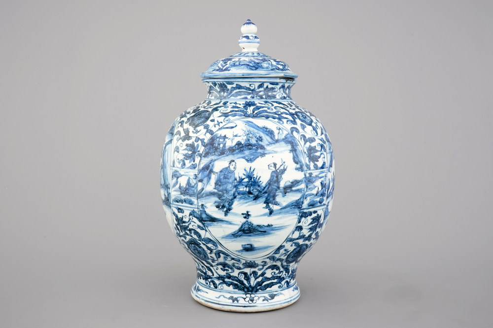 A large blue and white Chinese porcelain baluster jar and cover, Ming Dynasty