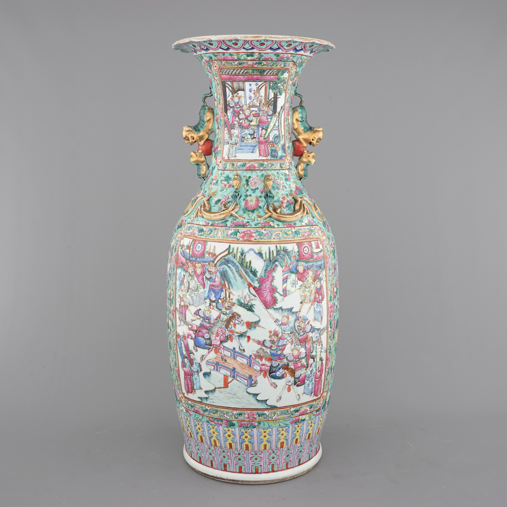 A massive Chinese famille rose vase with figural scenes on a turquoise ground, 19th C.