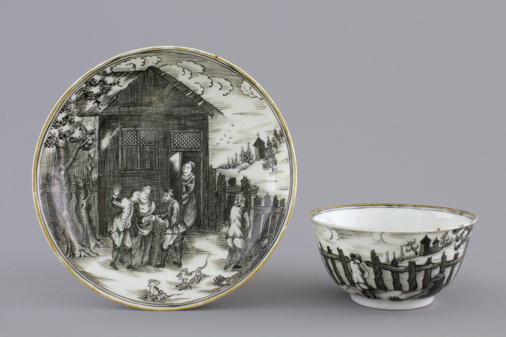 A Chinese grisaille porcelain European subject cup and saucer, Qianlong, 18th C.