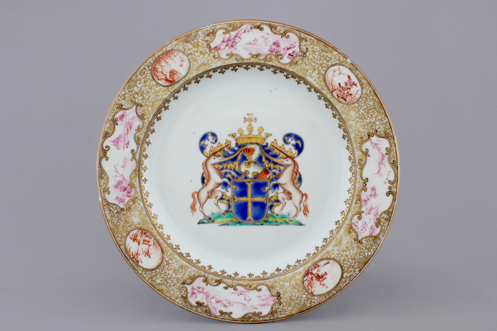 A Chinese famille rose export porcelain armorial plate, Qianlong, 18th C.