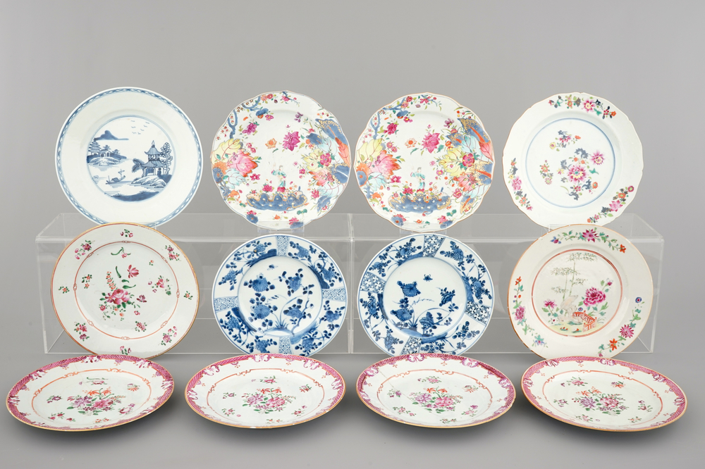 A set of 12 Chinese export porcelain plates, including pseudo tobacco leaf pattern, 18th C.