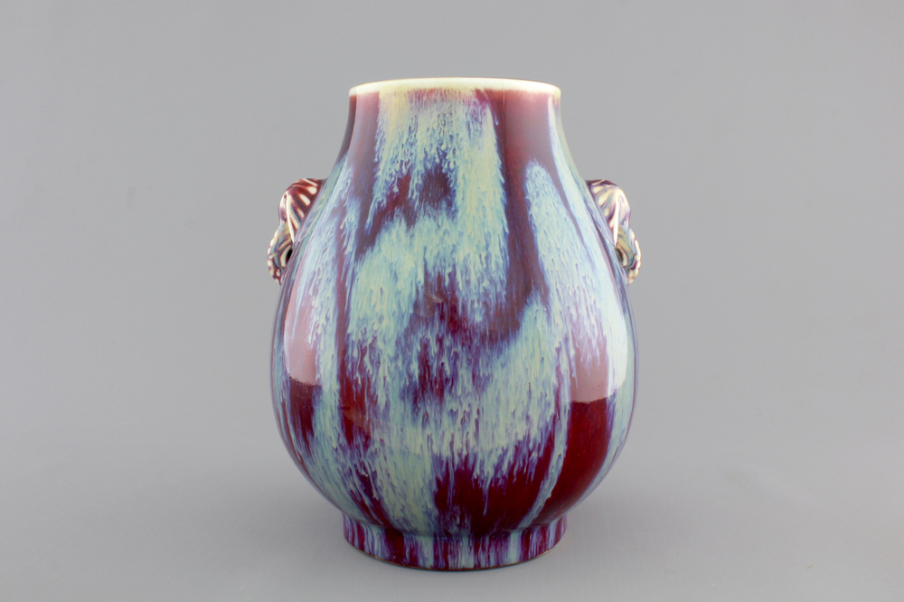 A Chinese porcelain flambe hu-shaped vase with elephant handles, 19/20th C.