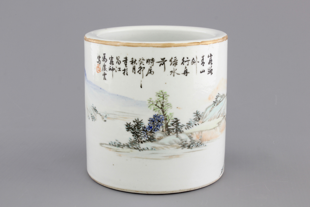A signed Chinese Qianjiang porcelain brush pot with a landscape all over, early 20th C.