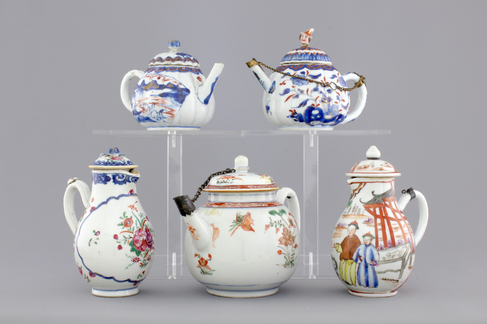 Three Chinese famille verte and Imari porcelain teapots and two export porcelain cream jugs, 18th C.