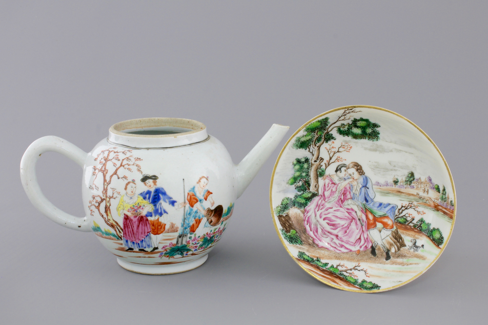 A Chinese famille rose export porcelain teapot and saucer with European subjects, Qianlong, 18th C.