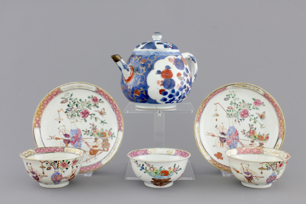 A set of three fine Chinese famille rose cups and two saucers, Yongzheng, and a Chinese Imari teapot, 18th C.