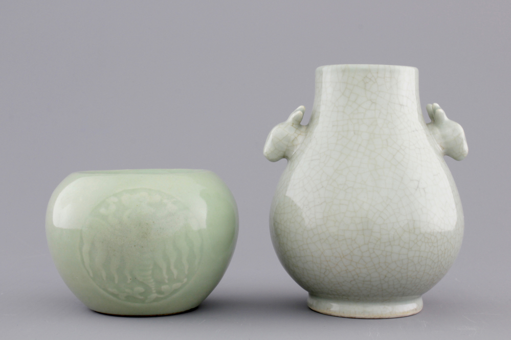 An underglaze decorated Chinese celadon brushwasher and a crackle glazed hu-shaped vase, 19/20th C.