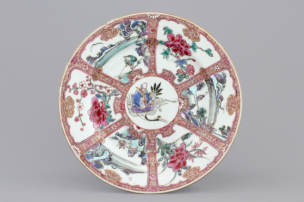 A Chinese famille rose porcelain plate with Shou Lao on a crane, 18th C.