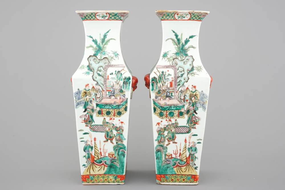 A pair of square Chinese wucai porcelain vases with warriors, 19th C.