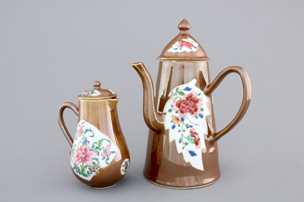 A Chinese famille rose Batavian ware chocolate pot and cream jug, Qianlong, 18th C.