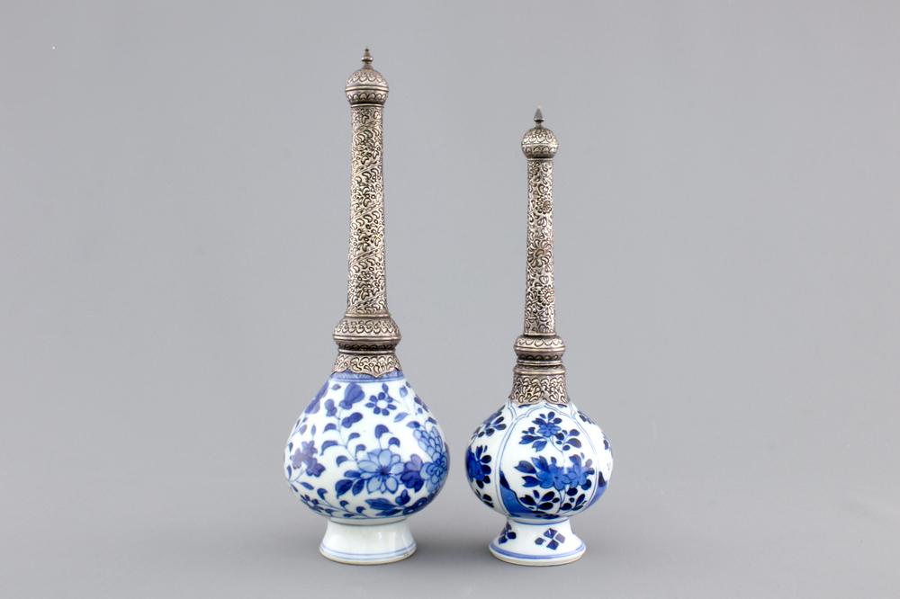 Two Chinese porcelain silver-mounted water sprinklers for the Islamic market, Kangxi