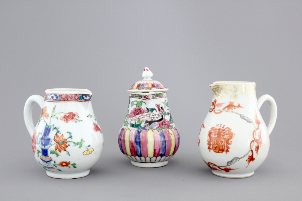 Three Chinese famille rose porcelain cream jugs, one armorial, Qianlong, 18th C.