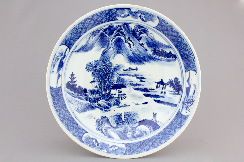 A Chinese blue and white "Master of the Rocks" style dish, 19th C.