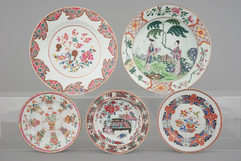 A set of Chinese famille rose porcelain dishes, Yongzheng-Qianlong, 18th C., and a large Samson figural dish, 19th C.
