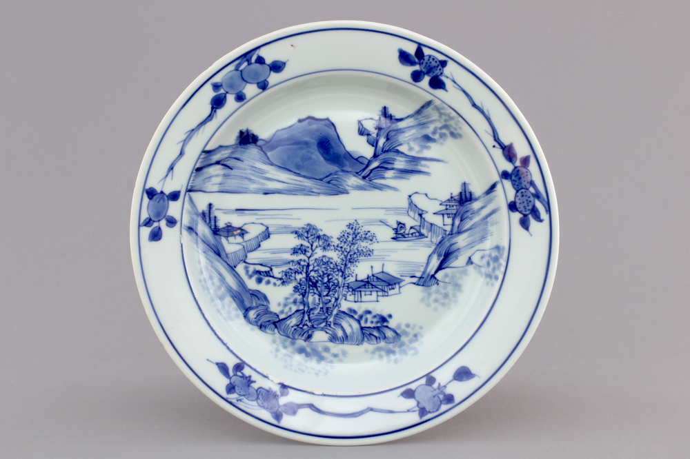 A Chinese blue and white porcelain "Master of the Rocks" plate, Kangxi, ca. 1670