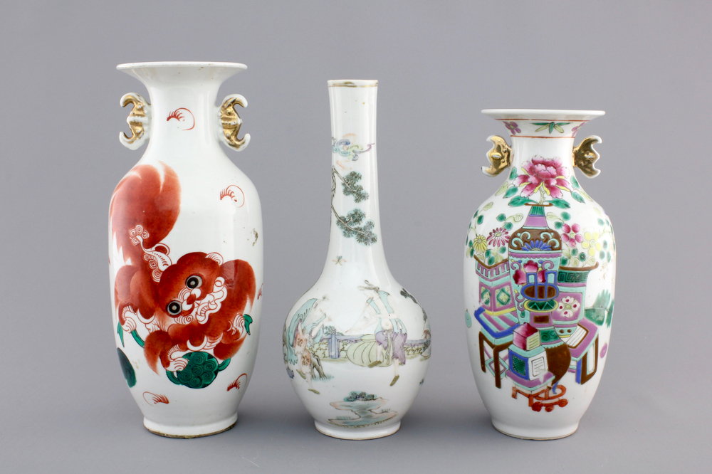 Three Chinese famille rose porcelain vases, 19th C.