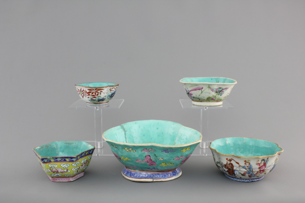 Five Chinese famille rose porcelain bowls, 19th C.