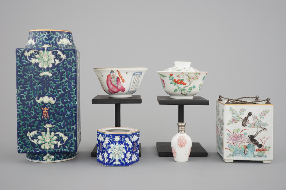 A set of 6 Chinese 19/20th C.porcelain items: a cong vase, a snuff bottle, two bowls and two brush washers