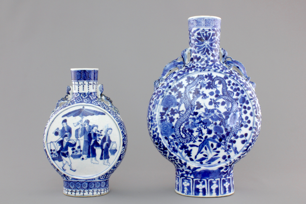 Two Chinese porcelain blue and white moon flasks, 19th C.
