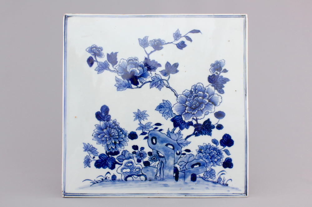 A large rectangular blue and white tile with floral decoration, Qianlong, 18th C.