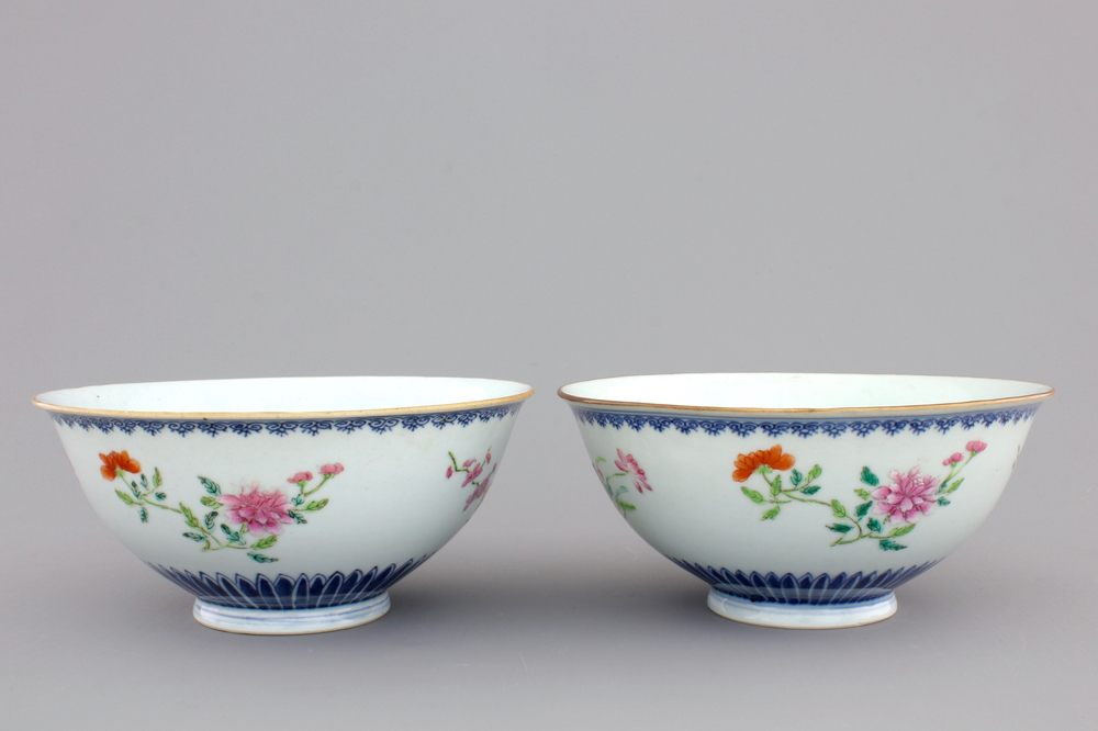 A fine pair of Chinese famille rose floral bowls, Qianlong seal mark and prob. of the period, 18th C.