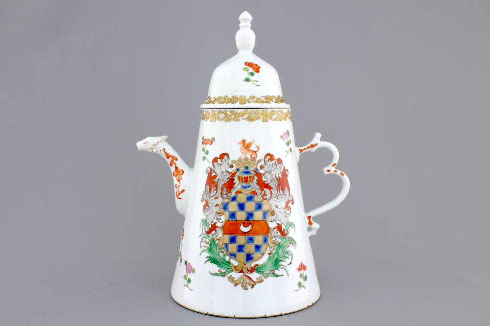 A rare Chinese armorial coffee pot with cover, arms of Clifford, 18th C.